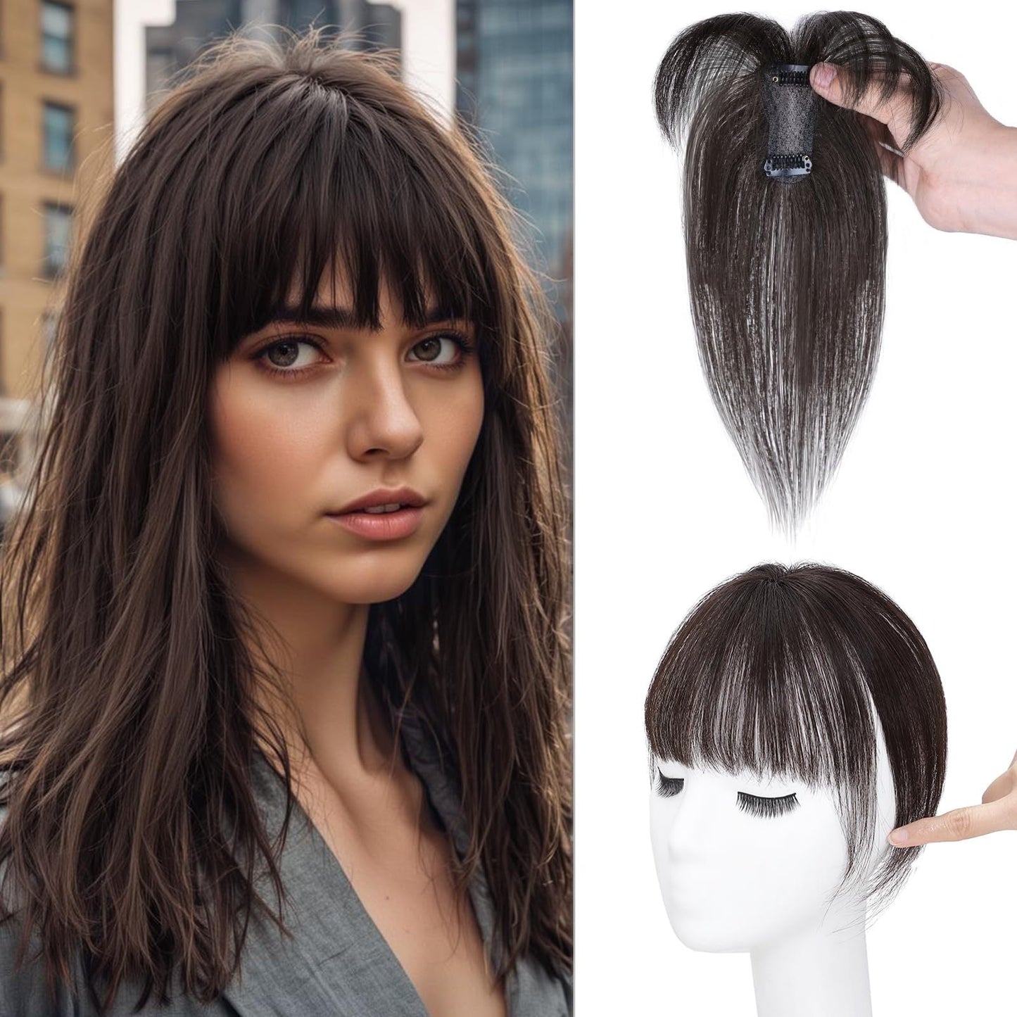 5*7 cm Human Hair Air Bangs, Invisible Clip-in 3D Fringe for Women, Natural Hair Extension for Volume Style
