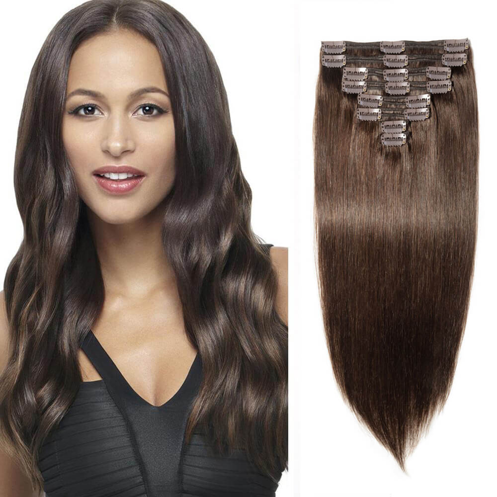 Clip in Hair Extensions Straight #2 Dark Brown Remy Human Hair