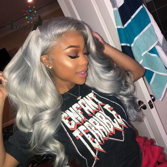 Lace Front Human Hair Wig Body Wave Ombre Grey Silver
